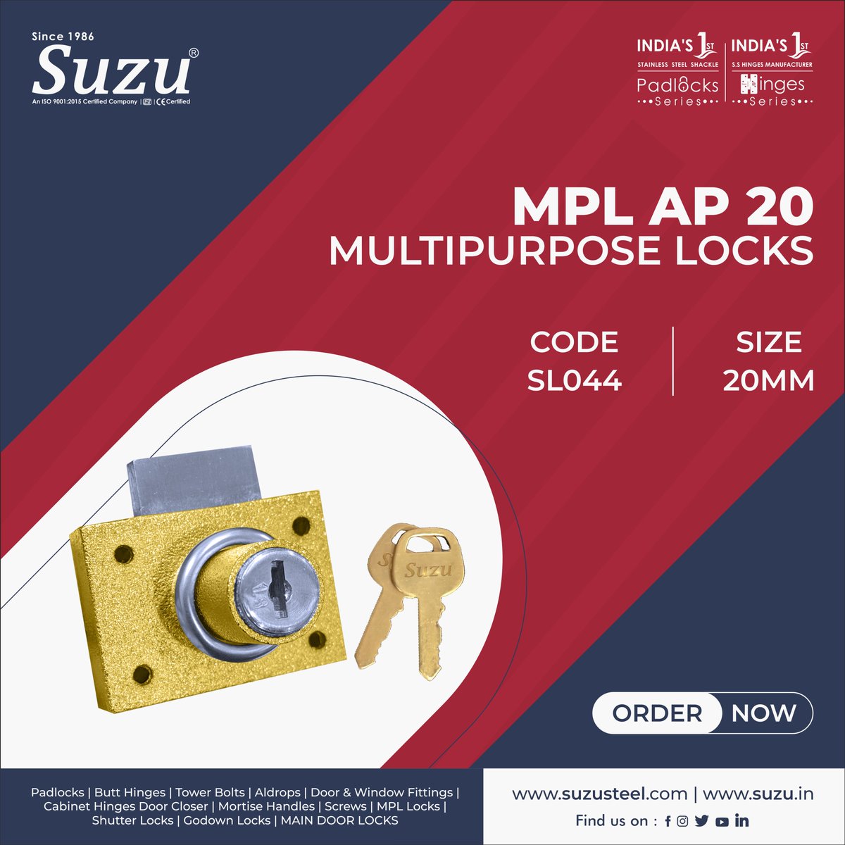 Suzu Steel India Introduces Drawer Lock 'MPL AP-20'   #economical #drawerlock #cabinetlock  #interior  #hardwarestore #builder #contractor #hardwareshops #hardwaredesign #contractor. For more information or order Now🌐 suzusteel.com
☎️: 7082947132 or 011-418243400-3800