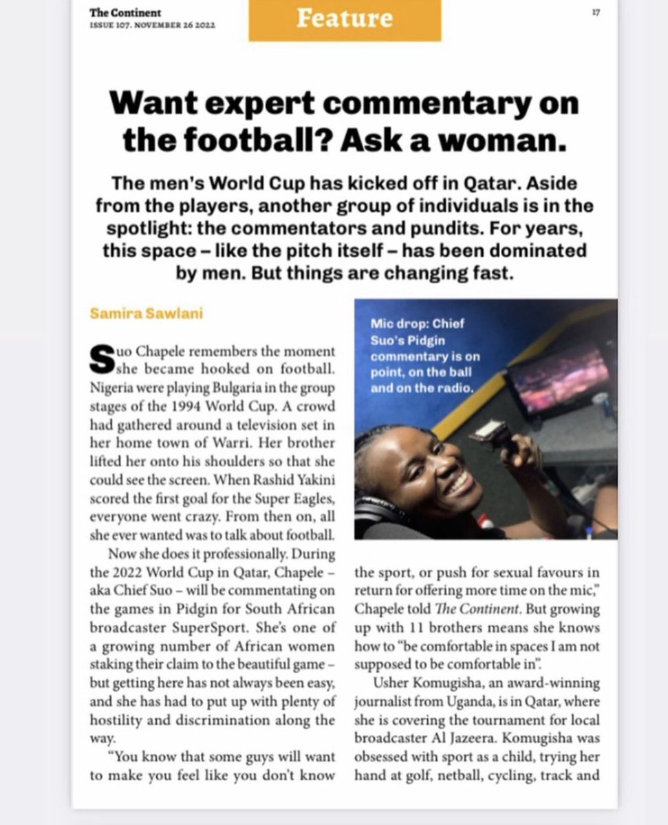 OfficialSuo's tweet image. Yet another moment this year that I get to say “I wish Daddy was alive to share this with.”🥹

Dis na one dem.

Guys I just got featured ✍️ alongside @UsherKomugisha @julietbawuah on
@thecontinent_ @samirasawlani 

Oghenemigwos.🙏

#PidginCommentator
#QatarWorldCup2022
#Kpoko💛