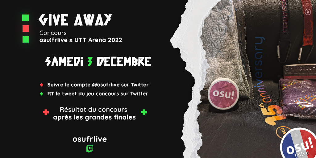 osufrlive's tweet photo. Chaud pour remporter des goodies ? 😏
GIVEAWAY uniquement ce jour-ci, de 10h00 à 23h45 🔥 

À remporter : 

- 1 tapis de souris "osu! 15th anniversary"
- 1 paire de chaussettes osu! blanche
- 1 porte-clés osu! noir
- 1 écharpe osu! violette https://t.co/GA3fG3zocD