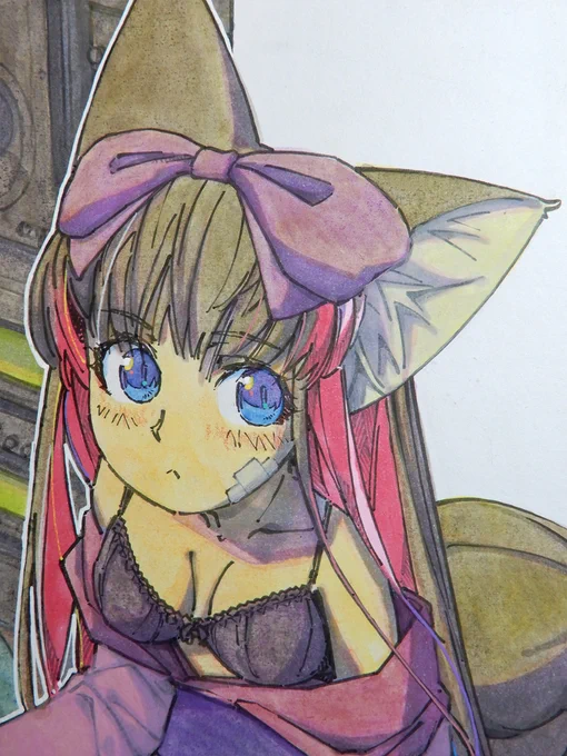 【アナログ1871:押しかけ座敷童】お茶を飲んでも帰らない。#色紙 #原画 #アナログ絵 #水彩 #狐娘 
