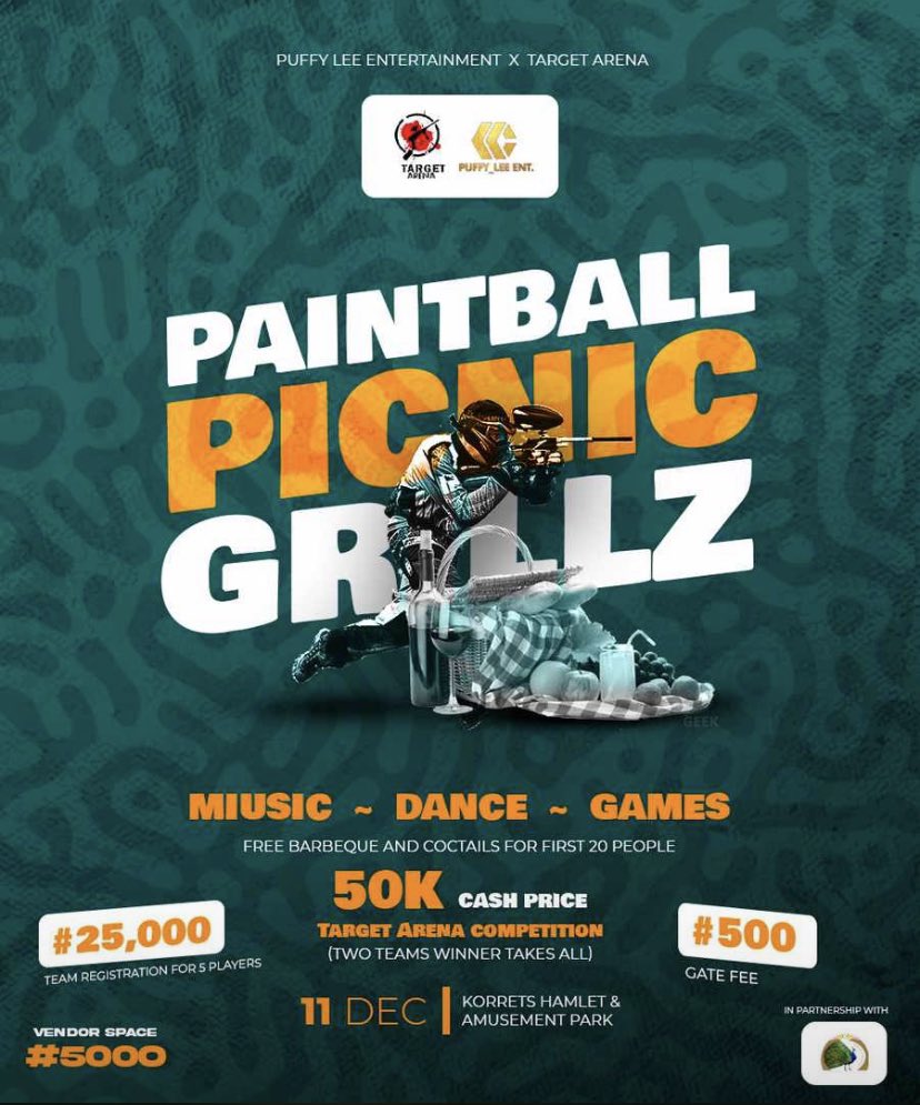 Targetarenajos's tweet photo. Paintball Picnic Grillz brought to you by @Targetarenajos x Puffy Lee Entertainment! 
Let’s link up on the 11th of December!
Network, chill and win some money while at it. We are personally excited for this one. This December, we are outside! https://t.co/0VanKW0t2P