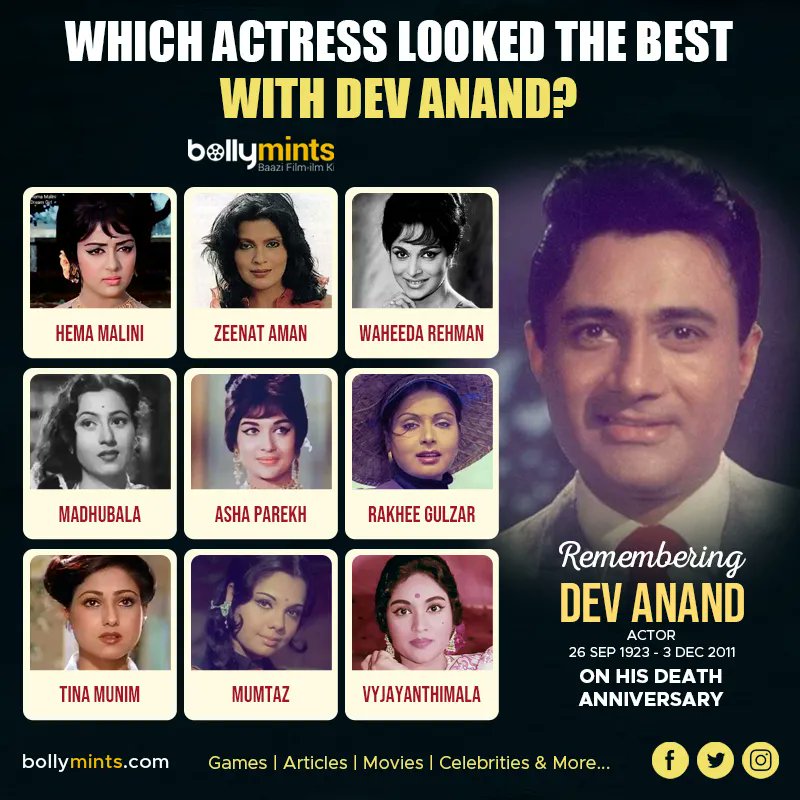 Which Actress looked the best with #Devanand ? Comment below !
#Hemamalini #Zeenataman #Waheedarehman #Madhubala #Ashaparekh #Rakheegulzar #Tinamunim #Mumtaz #Vyjayanthimala