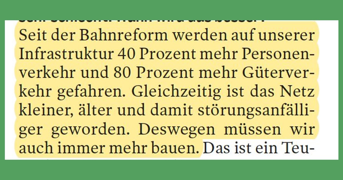MatthiasGastel's tweet photo. Auf die massive Zunahme des #Bahn-Verkehrs weist DB-Infrastrukturvorstand Berthold Huber im Interview hin.
Überlastungen u. Verschleiß im Netz sind oft ursächlich für Verspätungen. Daher: Wir brauchen mehr Tempo beim Sanieren, aber auch den zügigeren Aus- und Neubau von Strecken! https://t.co/uR2XYIrw3Y