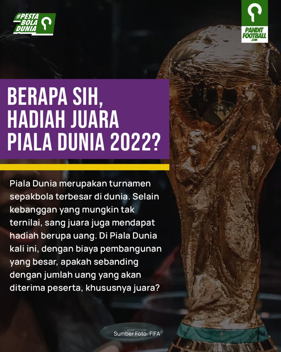 panditfootball's tweet photo. Negara peserta dapet uang pengganti biaya persiapan juga ternyata 😳

Lalu, berapa sih hadiah juara Piala Dunia 2022? Nih buat kamu yang bertanya-tanya berapa hadiahnya, kami kasih tahu. https://t.co/HOzR90Rdy7