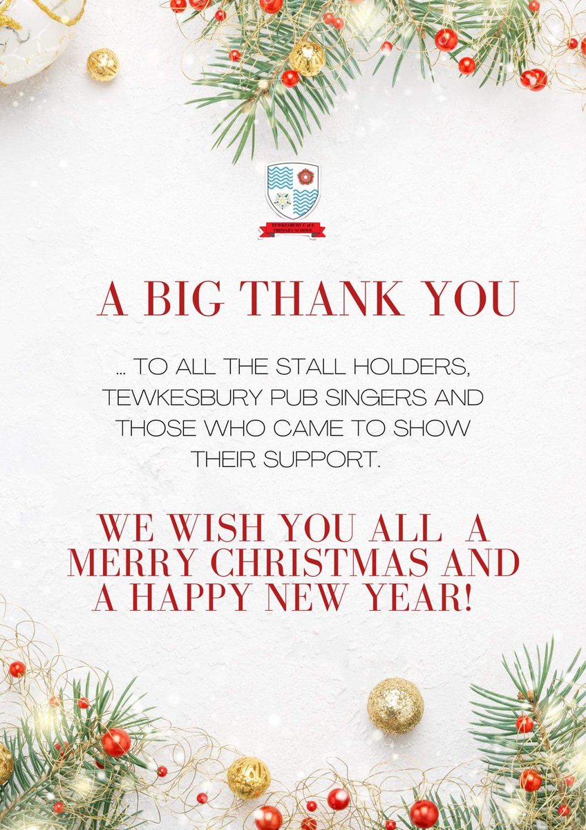 A Big Thank you to all the stall holders, the Tewkesbury pub singers and those who came to show their support. We wish you all a Merry Christmas & a Happy New Year.

#Christmas #christmasvibes #ChristmasShopping #TewkesburyPrimary #TewkPri #learntogethershineforever #Tewkesbury
