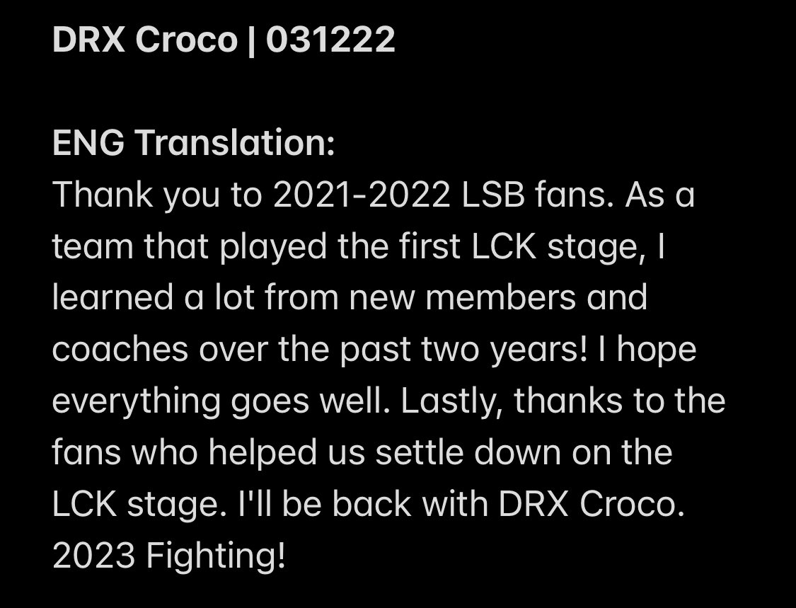 #CROCO 031222 IG POST

"I'll be back with DRX Croco. 2023 Fighting~" 

#DRXWIN #크로코 