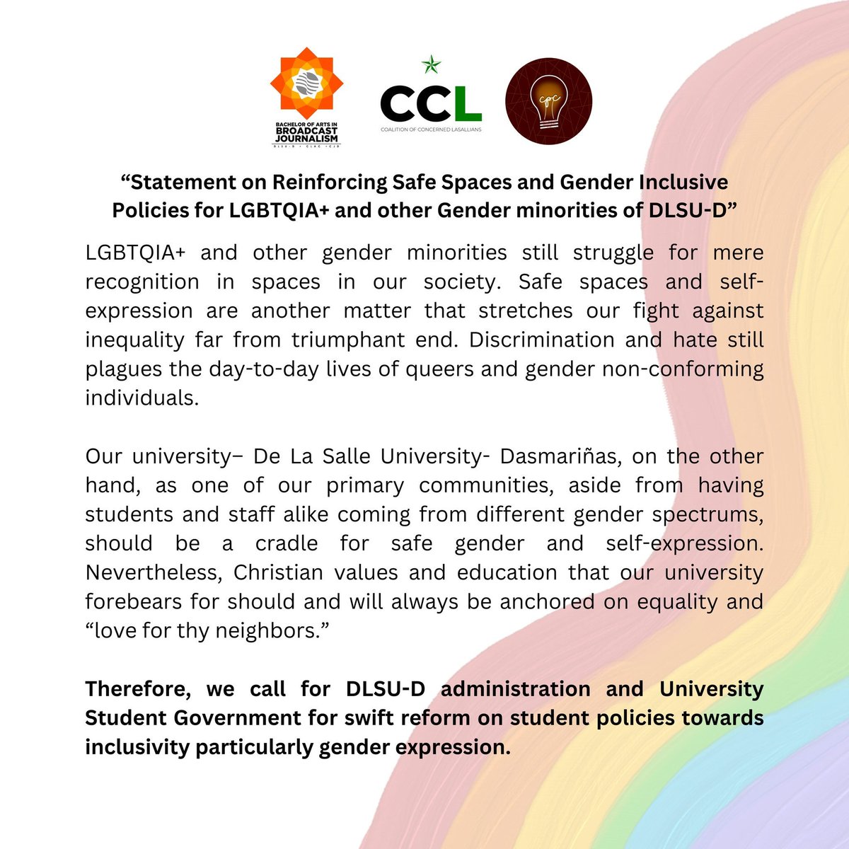 DLSUD_DMJPC's tweet photo. READ: Joint Statement of DLSU-D Broadcast Journalism Program Council, Coalition of Concerned Lasallians, and DLSU-D Communication Program Council on Reaffirmation of Safe Spaces and Gender Inclusive Policies for LGBTQIA+ and other Gender minorities of DLSU-D. https://t.co/idjkJjBZb0