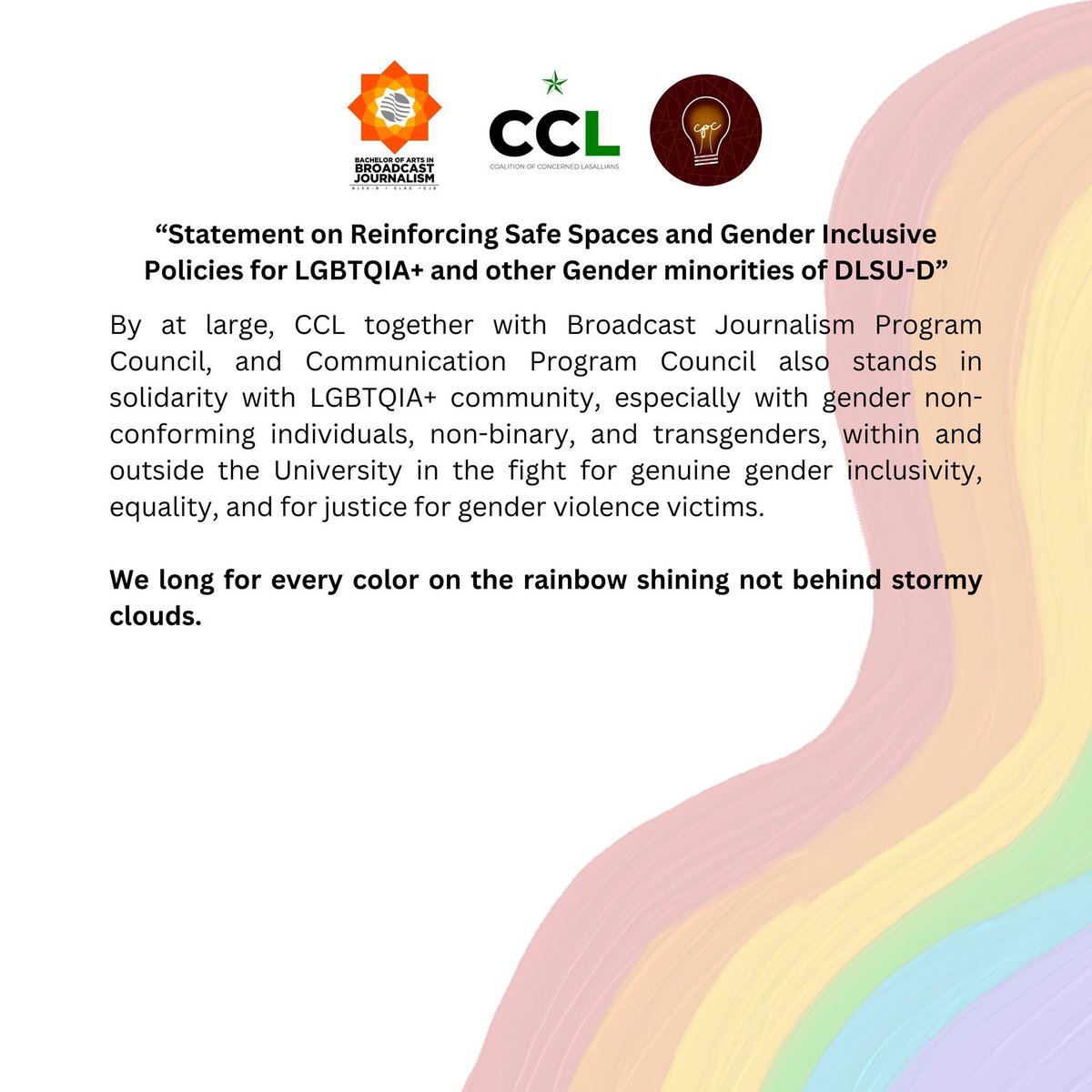 DLSUD_DMJPC's tweet photo. READ: Joint Statement of DLSU-D Broadcast Journalism Program Council, Coalition of Concerned Lasallians, and DLSU-D Communication Program Council on Reaffirmation of Safe Spaces and Gender Inclusive Policies for LGBTQIA+ and other Gender minorities of DLSU-D. https://t.co/idjkJjBZb0