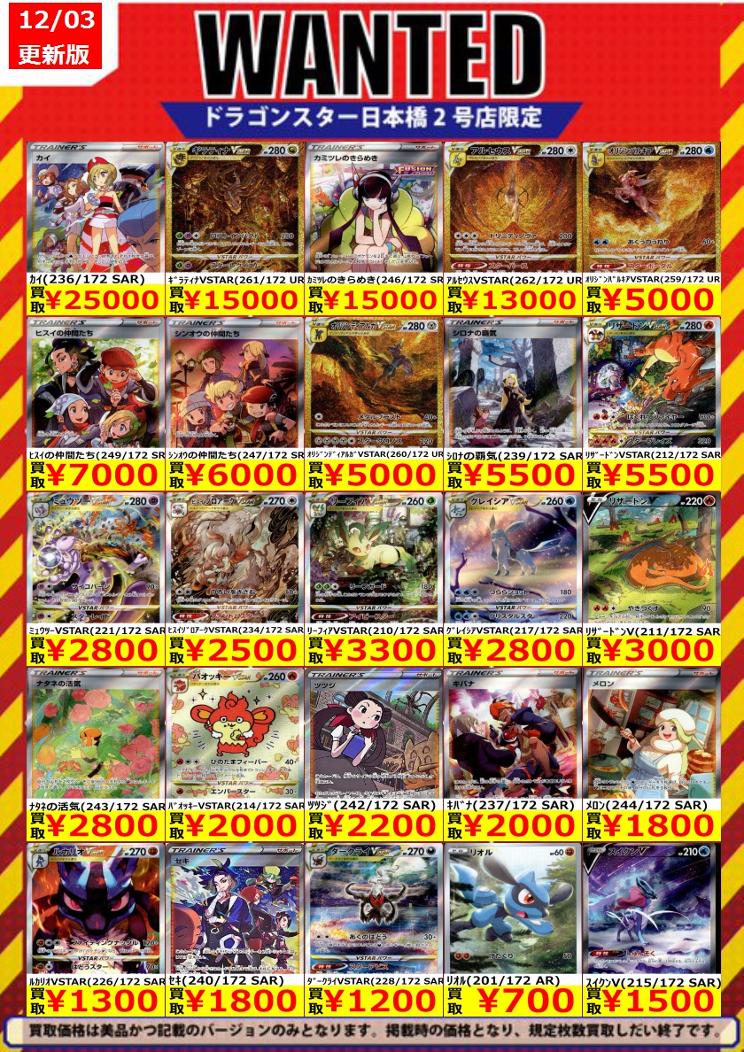 ドラゴンスター日本橋2号店 ｖスターユニバース 高価買取表更新しました 本日は残り時間少ないですがぜひお持ち込み 下さい ｶｲ 236 172 Sar 25 000 ｷﾞﾗﾃｨﾅvstar 261 172 Ur 15 000 ｶﾐﾂﾚのきらめき 246 172 Sr 15 000 ドラスタ