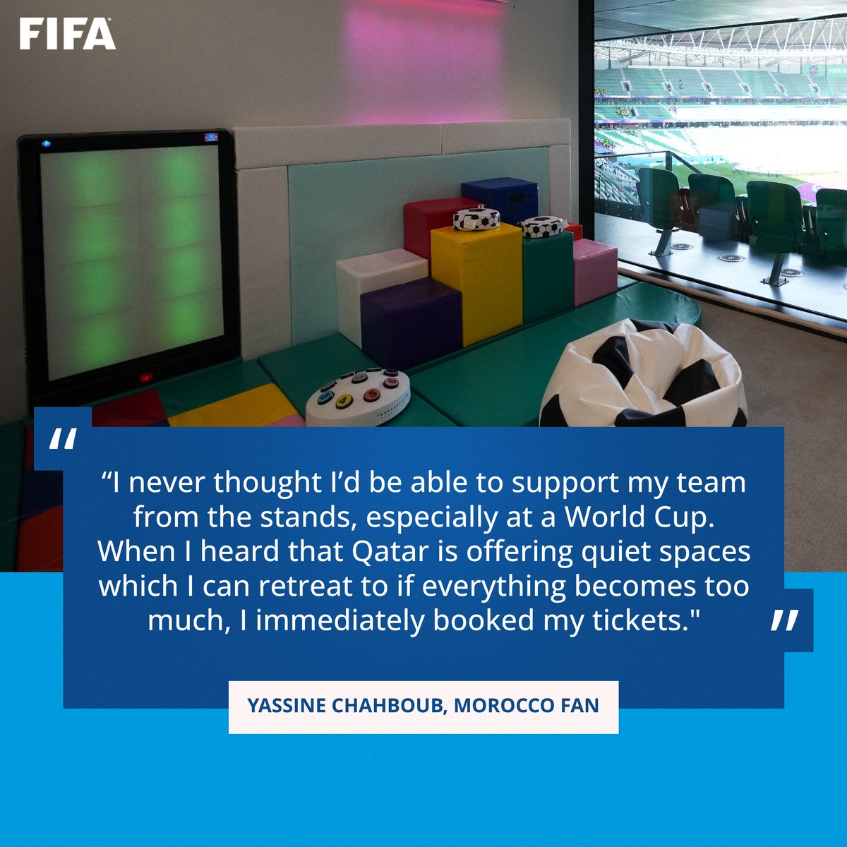 FIFAcom's tweet photo. Read how sensory rooms at #Qatar2022's stadiums are helping supporters with access requirements enjoy the #FIFAWorldCup to its fullest: https://t.co/vly8GG4Tw3

#IDPD https://t.co/sVtKyxrh0m
