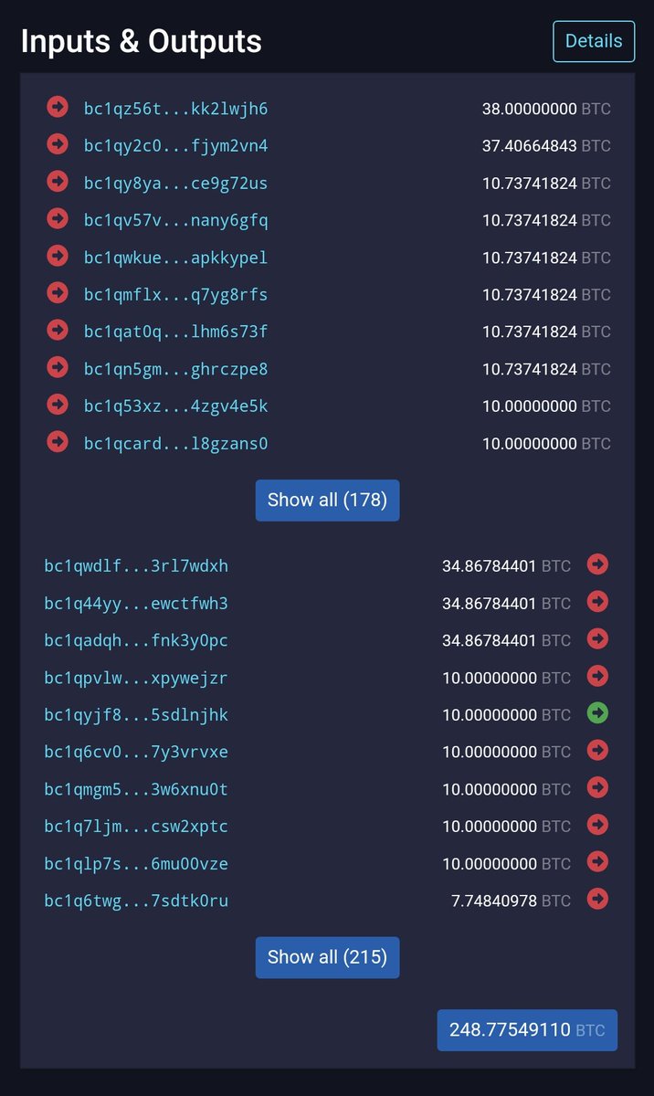 A #coinjoin with three outputs worth 34.86 #Bitcoin, and six outputs worth 10 #Bitcoin.

WasabiWallet.io provides great privacy, even for large amounts.

mempool.space/tx/5627b0a79ca…