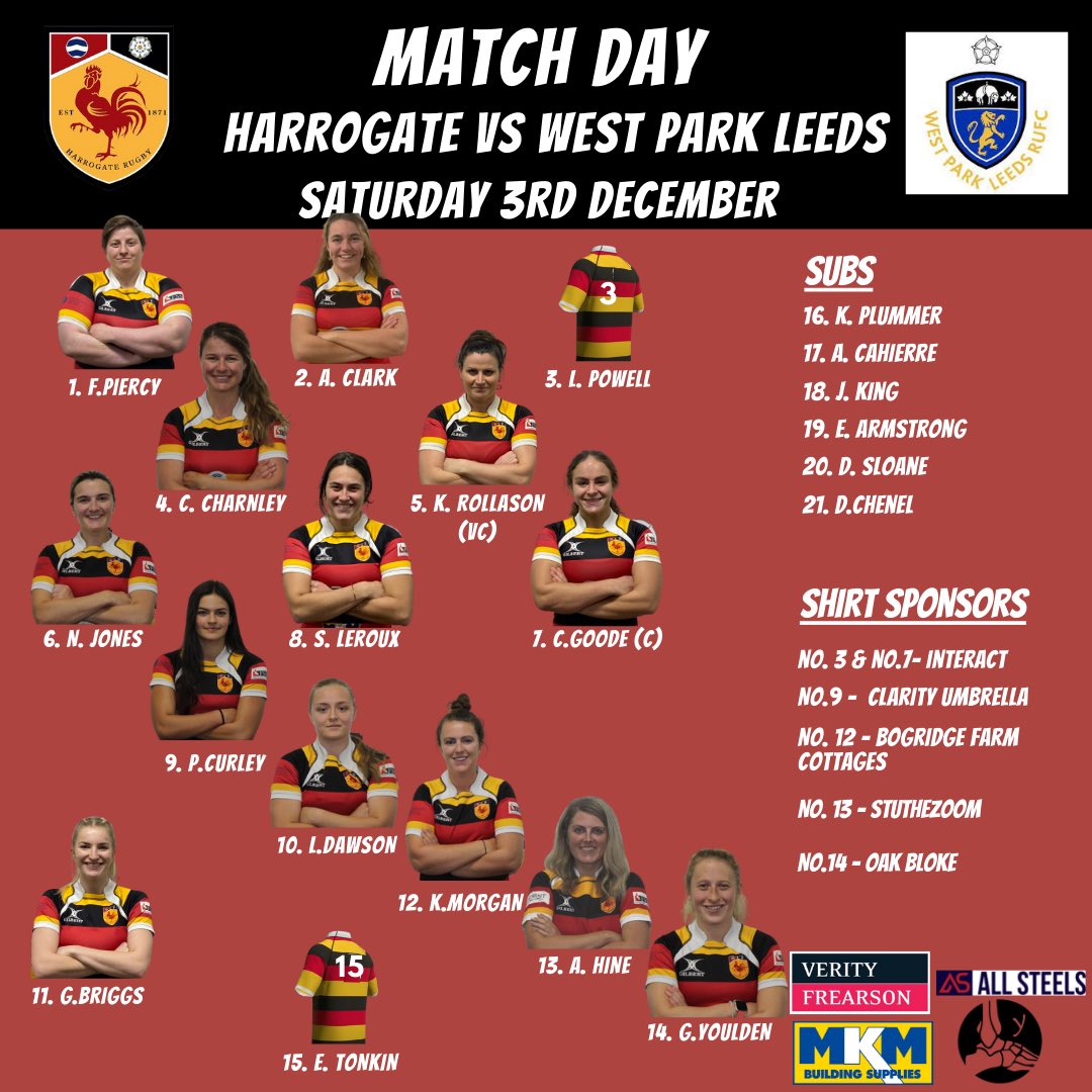 🔴Teamsheet🔴
See you there ❤️🖤💛 
👕 Shirt Sponsors -
3 - Interact
7 - Interact
9 - Clarity Umbrella
12 - Bogridge Farm Cottages 
13 - Stu Young  
14 - Oak Bloke

🏉🖤❤️💛

#womensrugby #harrogate #rugby #upthegate #fixtures #womenssport #matchday