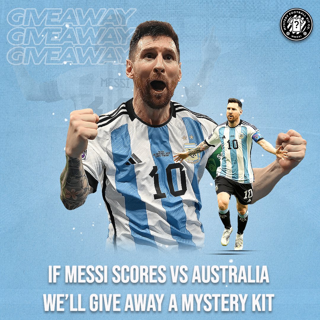 MysteryFootyco's tweet photo. 🚨 GIVEAWAY 🚨

If Messi scores vs Australia we’ll give away a mystery football kit box 📦 

To enter 👇

1️⃣ Follow @mysteryfootyco

2️⃣ Retweet this tweet 🔁 

Good luck🤞 

Winner announced tomorrow 📅 https://t.co/uxRDQzeRNQ