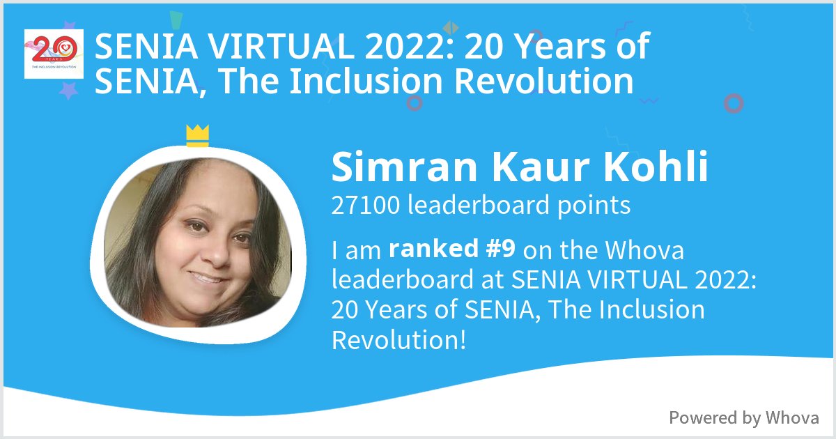 simjo254's tweet photo. I ranked #9 on the Whova leaderboard at SENIA VIRTUAL 2022: 20 Years of SENIA, The Inclusion Revolution! #SENIA2022 - via #Whova event app @oismumbai https://t.co/HttrtXURNQ