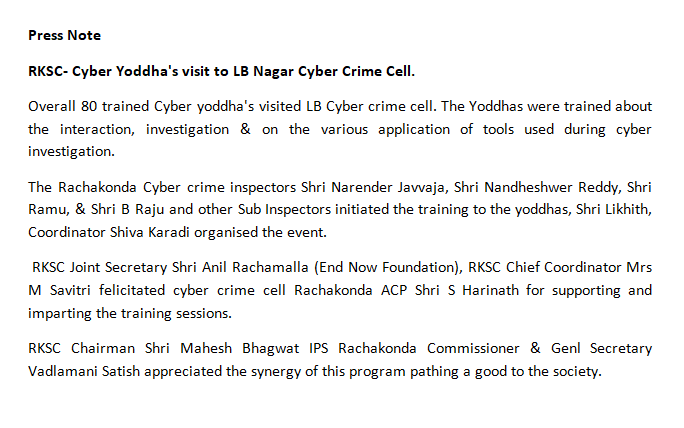 MalkajgiriCop's tweet photo. 80 trained #CyberYoddhas visited @CyberCrimeRck, LB Nagar. The #Yoddhas were trained about the interaction, investigation & various applications of tools used during the #CyberInvestigation.
@TelanganaCOPs @Telangana4C @DCPLBNagar @DcpMalkajgiri @DcpBhongir @RKSC_Rachakonda https://t.co/JR0LFHojN6