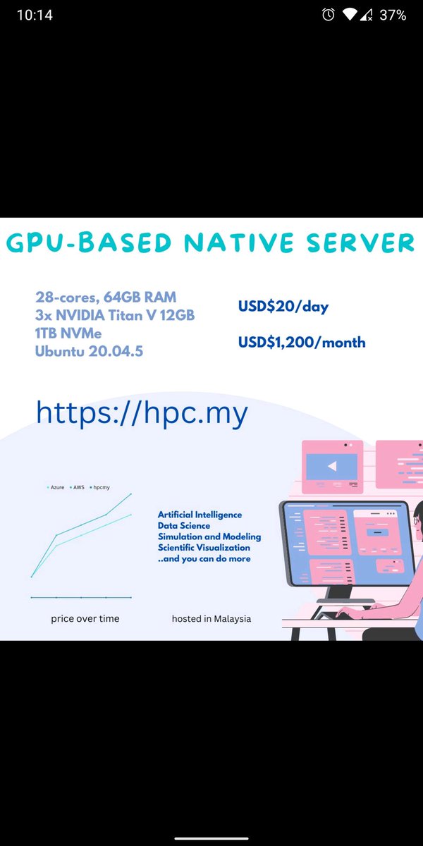 twistcode's tweet image. Want to complete your task/compute faster? Get it done then. New price, same specification. Flat price, no outbound charges whatsoever. Subscribe now at hpc.my

#datascientist #gpucomputing #malaysiadigital #mydigital #artificialintelligence #machinelearning