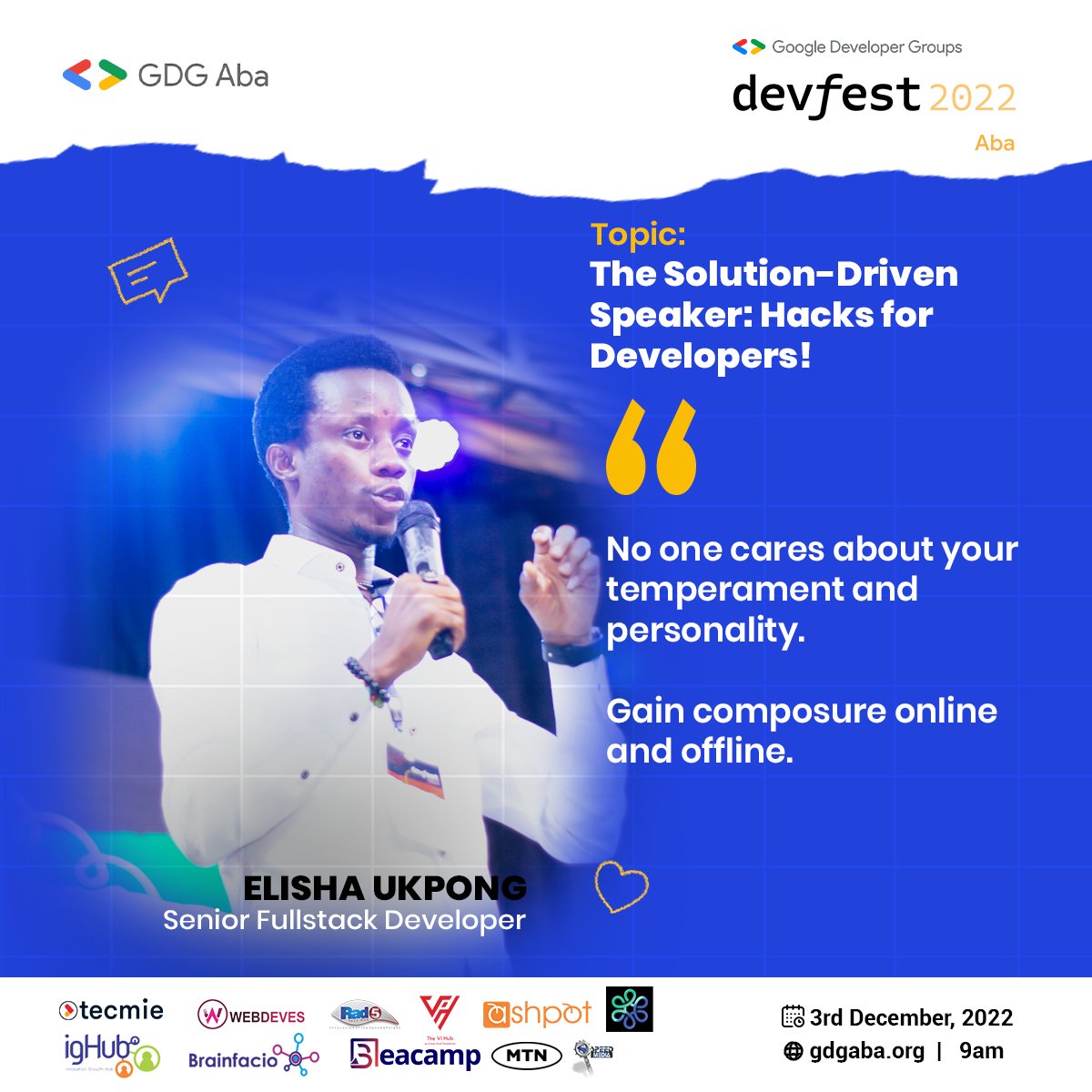 Jadonsofficiall's tweet photo. Stand out, yes! Stand out.

Don't form phonetics, embrace your accent.
Thank you Mr. Elisha @drumzminister 

.
#GdgAba #DevFestAba2022 #DevFest #DevFest2022 https://t.co/pUQeAxVVRI