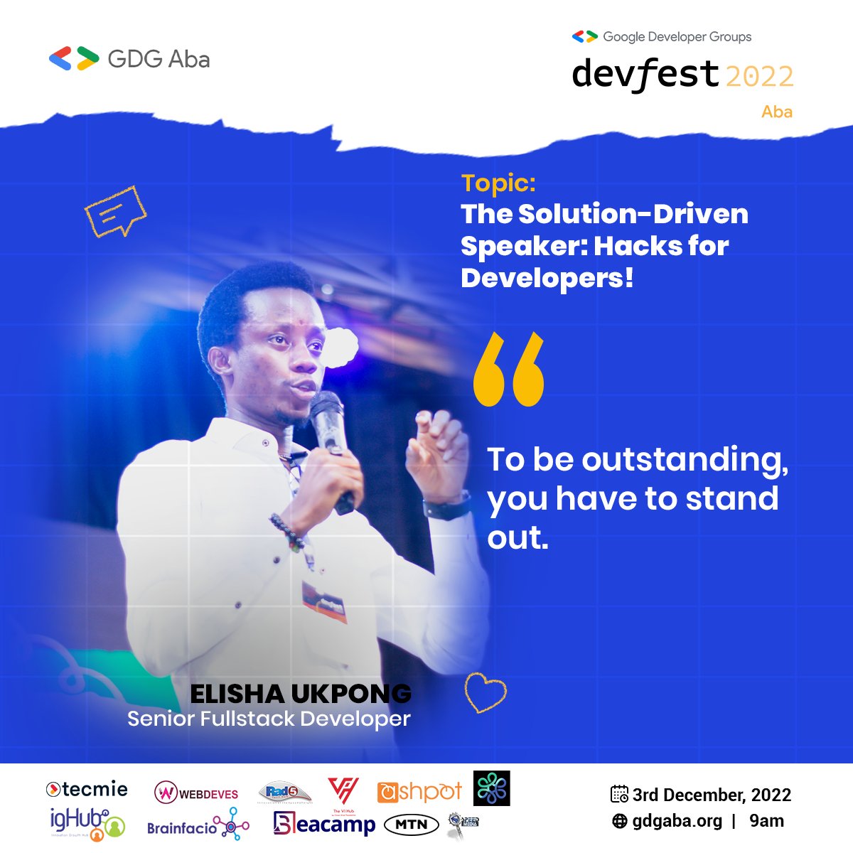 Jadonsofficiall's tweet photo. Stand out, yes! Stand out.

Don't form phonetics, embrace your accent.
Thank you Mr. Elisha @drumzminister 

.
#GdgAba #DevFestAba2022 #DevFest #DevFest2022 https://t.co/pUQeAxVVRI