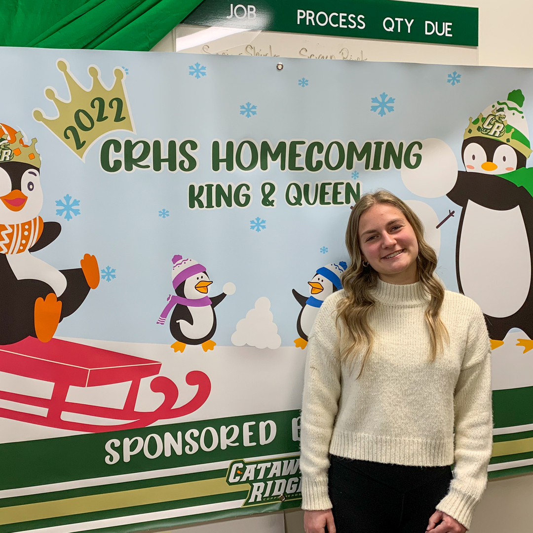 We can't wait to see all the CRHS participants in the Holiday Parade today! Here's Mackenzie S. from DAAD in front of the banner she designed for the CRHS HOCO King &amp; Queen Float sponsored by CRNTV! #BETHEWHY #AdobeIllustrator #studentmade #adobestudents #fmsd #digitalart