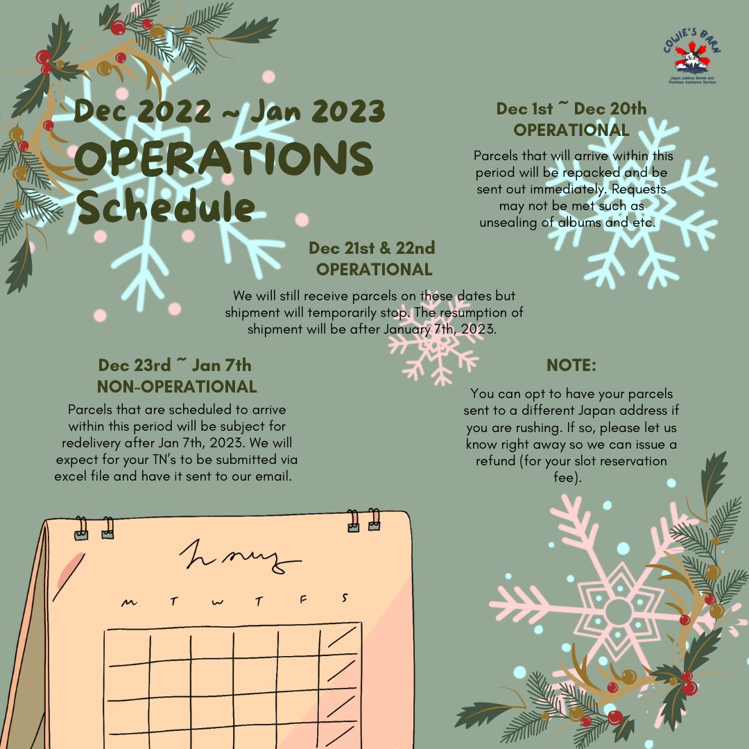 CowieBarn's tweet photo. Hey there, folks! 
Here’s our schedule for this month until Jan 7th. ^^ Hoping that we are not yet too late to notify everyone about this. 🥲 https://t.co/bjYgTCopBW