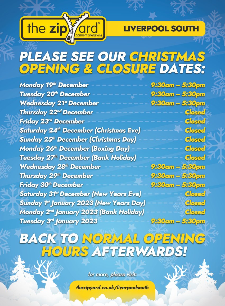 Christmas and New Years opening times everyone.

Happy Christmas from all of us at The ZipYard Liverpool.