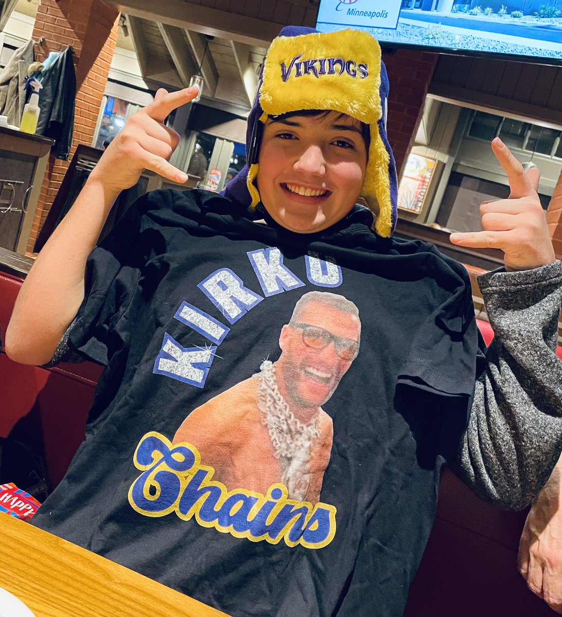 “This is the BEST shirt ever created” said my son on his birthday last night…mix in this sweet hat and it’s the perfect outfit <a href="/KirkCousins8/">Kirk Cousins</a> 🤘🏽🤘🏽  #KingKirko  #SKOL