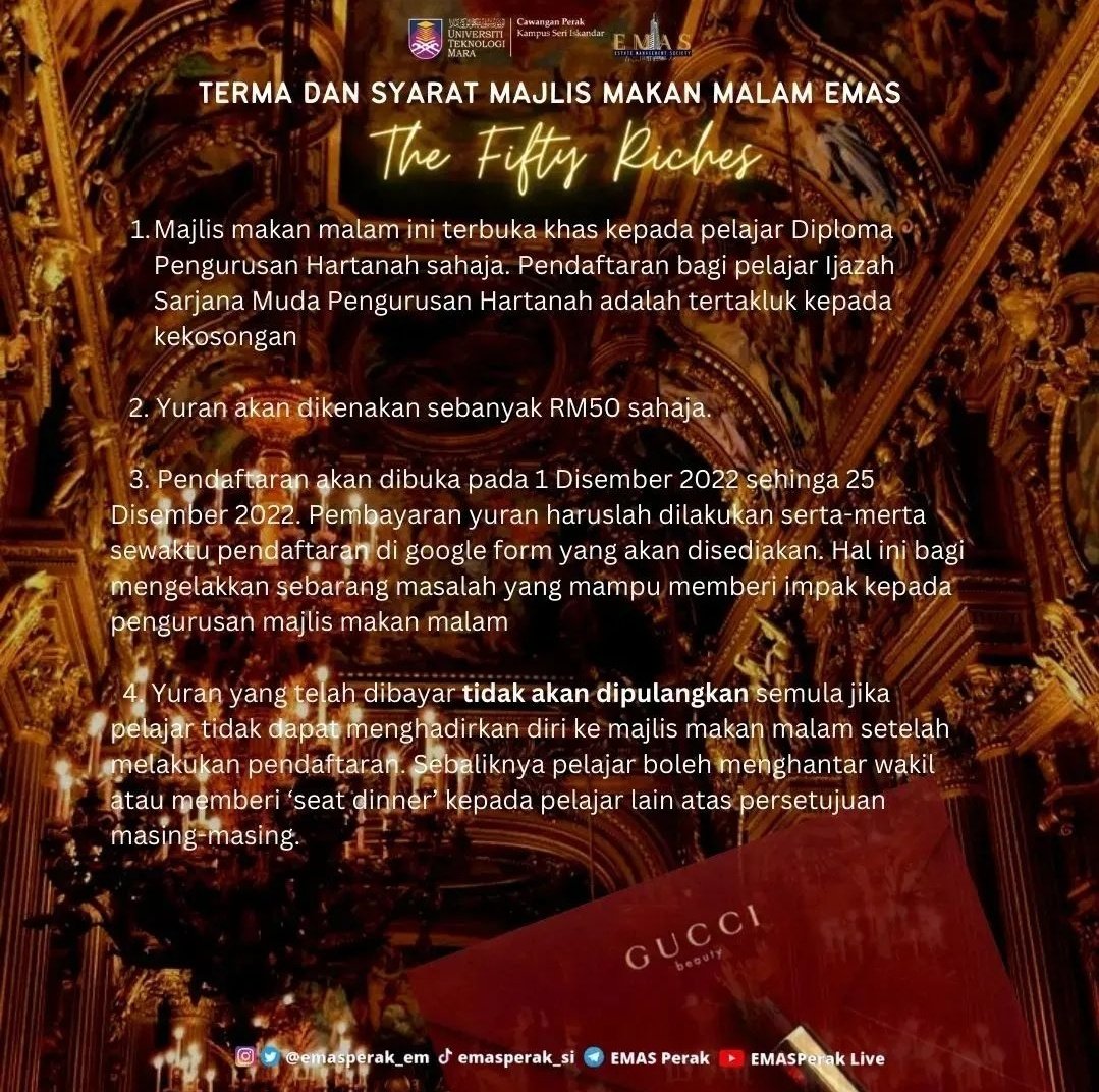 emasperak_em's tweet photo. Assalamualaikum dan Salam UiTM di hatiku

Promosi ‘early bird’ sebanyak RM40 ditawarkan kepada pelajar yang mendaftar pada 1 Disember - 5 Disember 2022.

 Majlis ini hanyalah untuk pelajar Diploma Pengurusan Hartanah sahaja.

LINK: https://t.co/5Bn5iQUF1C https://t.co/0WAjANek4P