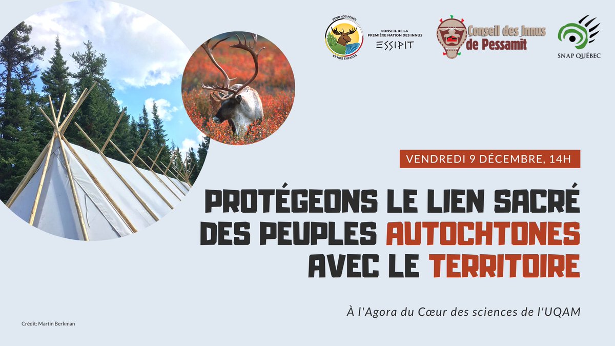 snapqc's tweet photo. #COP15 | Le 9 décembre, les Premières Nations d’#Essipit et de #Pessamit présenteront leurs initiatives de #conservation de la #biodiversité élaborées pour protéger le lien sacré qu’elles entretiennent avec le territoire. Un événement gratuit! 👇
https://t.co/ssPXWYmiIj https://t.co/wGfcOqZAr5