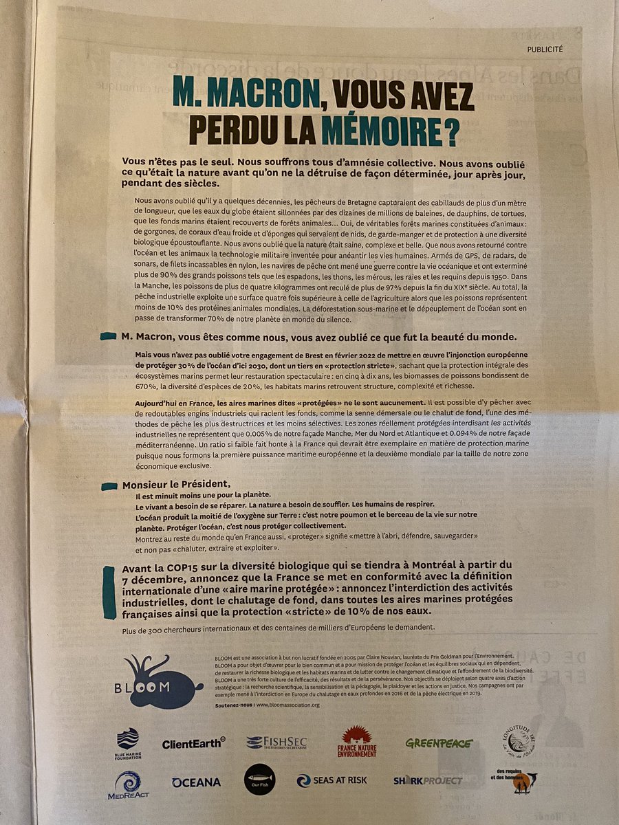 Claire Nouvian (@clairenouvian) on Twitter photo 🚨 Dans Le Monde, nous adressons aujourd'hui un message crucial pour l'océan, la biodiversité et le climat à <a href="/EmmanuelMacron/">Emmanuel Macron</a> , 3 jours avant l'ouverture de la COP15 sur la biodiversité au Canada.
Merci de RT pour rendre visibles nos demandes URGENTES. 🚨 Dans Le Monde, nous adressons aujourd'hui un message crucial pour l'océan, la biodiversité et le climat à <a href="/EmmanuelMacron/">Emmanuel Macron</a> , 3 jours avant l'ouverture de la COP15 sur la biodiversité au Canada.
Merci de RT pour rendre visibles nos demandes URGENTES.