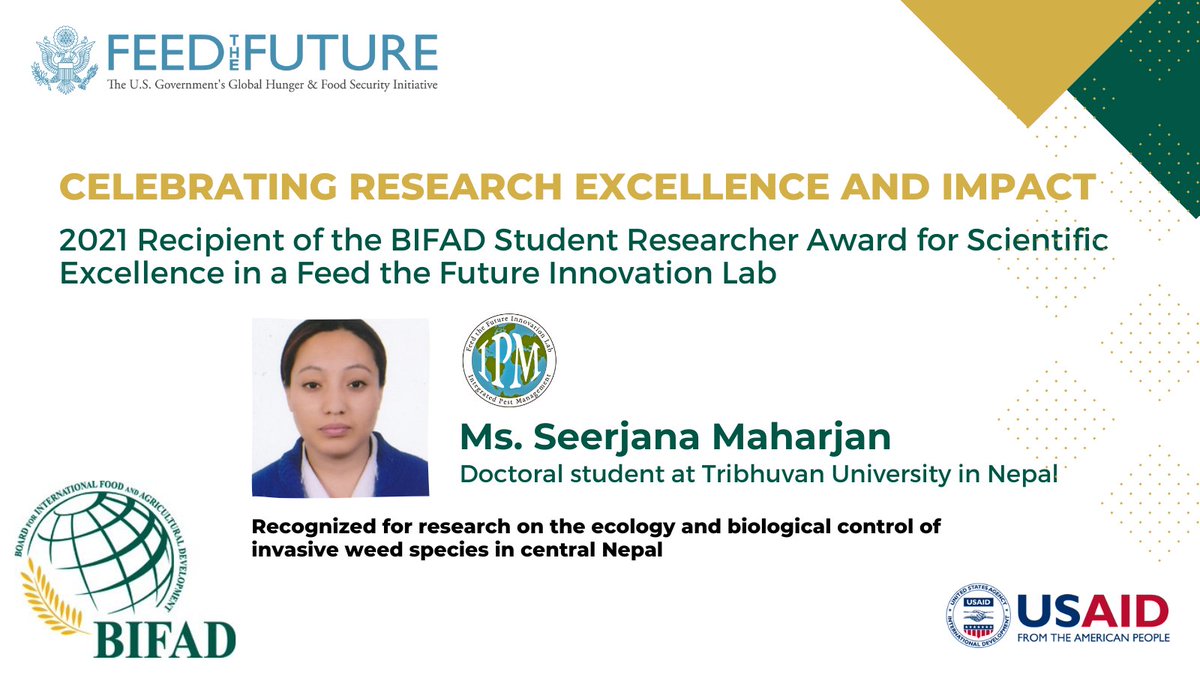 IPM_IL's tweet image. Join @USAID, #BIFAD, &amp;amp; @FeedtheFuture Innovation Labs at @VT_CIRED and @MSU on Dec 7 at 9am ET to learn about BIFAD student award recipient contributions to the field! Especially looking forward to celebrating Seerjana Maharjan @tu_information. 
Register: webinar-portal.net/webinars/tt/re…