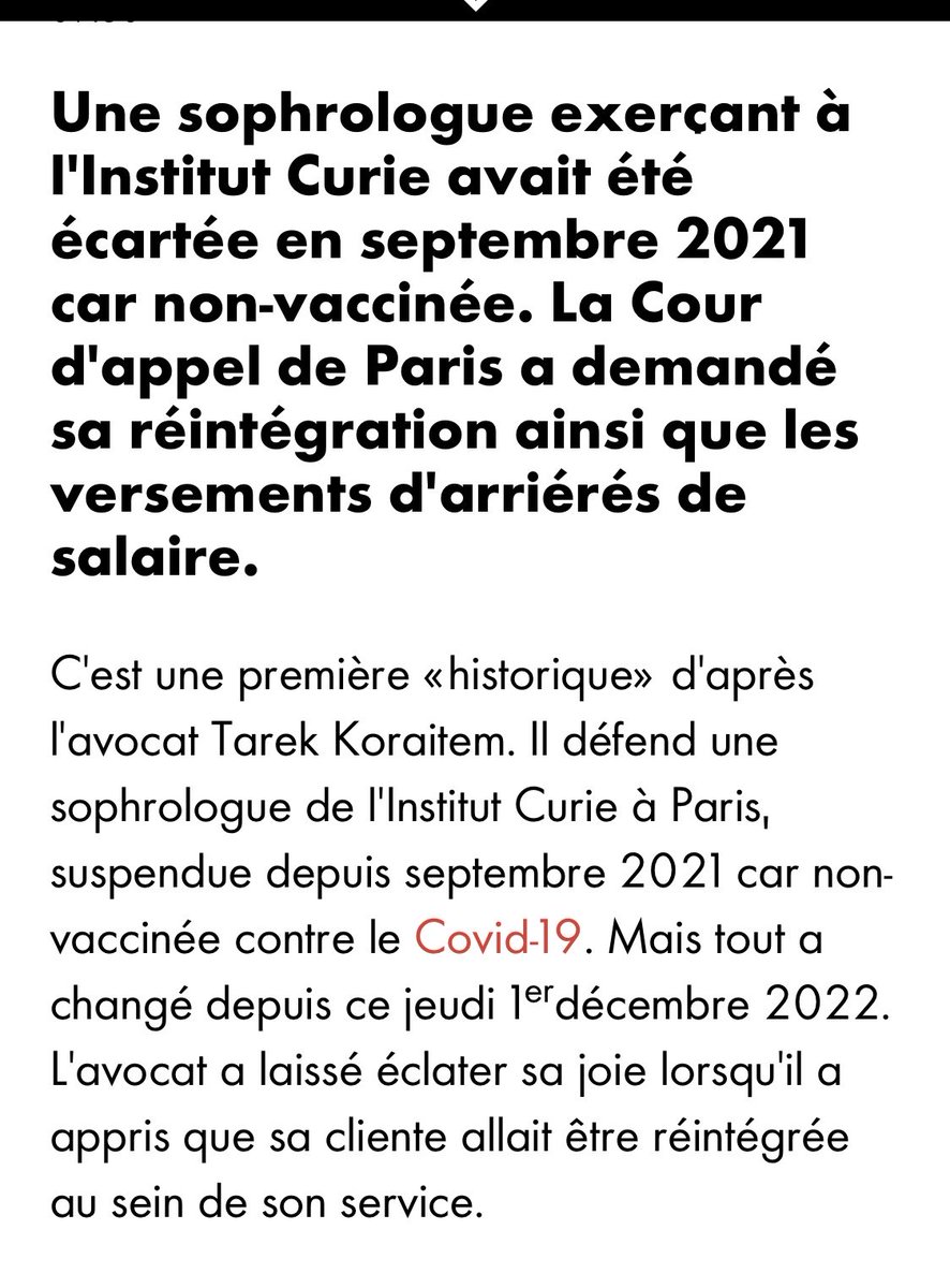Bonne nouvelle. Une #soignante réintégrée sur ordre de la Cour d’appel de Paris avec paiement des arriérés de ses salaires. La sagesse recommande donc de les #réintégrer comme dans tous les pays. Leur épargner des procédures longues et alléger les charges des tribunaux