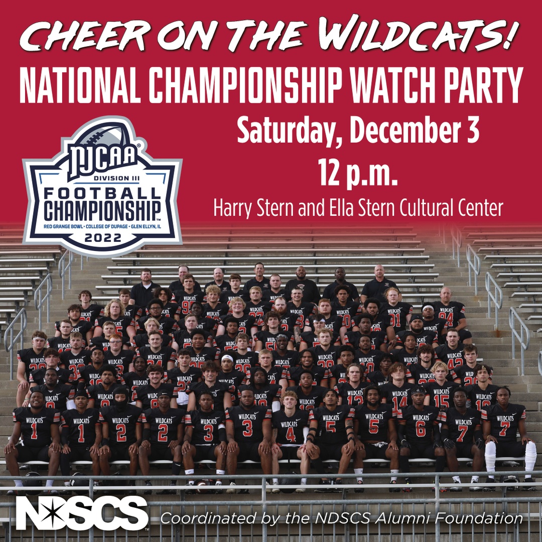 ndscswildcats's tweet photo. 📣  Help cheer on the Wildcats TODAY at 12 p.m.! 🖤 ❤️ 

🏈  Join us for a free watch party of the NJCAA DIII National Championship football game at NDSCS in the Harry Stern and Ella Stern Cultural Center! 🙌 🎉  

The game will be streamed on ESPN+. https://t.co/0zyK86dFKj