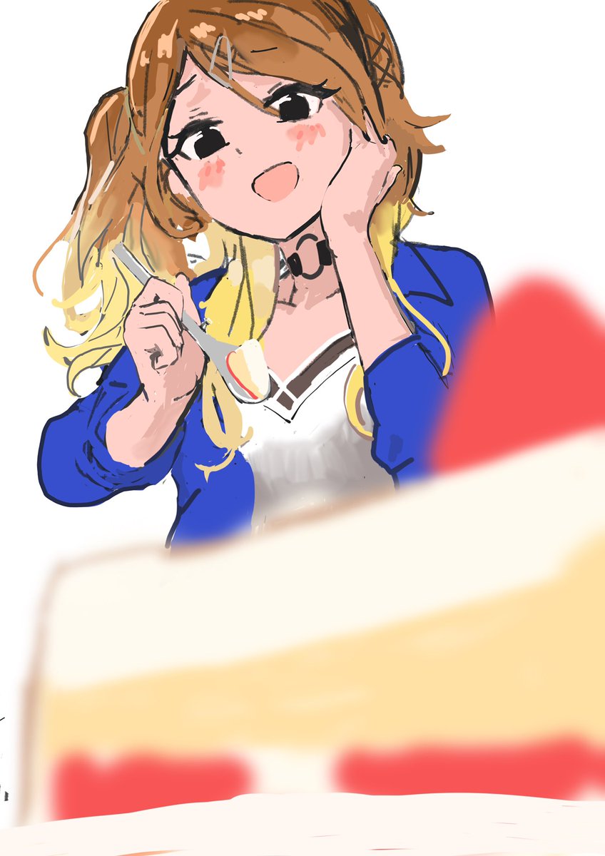 izumi mei 1girl solo blonde hair food gradient hair brown hair blurry foreground  illustration images