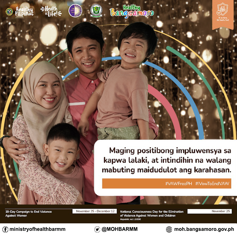 MOHBARMM's tweet photo. 18-Day Campaign to End Violence Against Women #IVOWTOENDVAW
Maging positibong impluwensya sa kapwa lalaki, at intindihin na walang mabuting maidudulot ang karahasan. 💜🧡
Huwag mahiya humingi ng tulong. 
#HealthyPilipinas
#HealthyBangsamoro https://t.co/SLnwFZq2ic