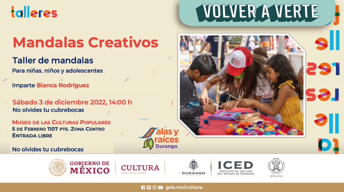 iceddgo's tweet photo. #NoFalten hoy a las 14:00 hrs en el Museo de Culturas Populares no se pierdan el #taller de Mandalas Creativos, impartido por Bianca Rodríguez.
¡Entrada libre!
#Durango #México #Cultura #DurangoEsCultura #AlasyRaices #NiñasNiñosyAdolescentes #LaCulturaEnDurangoTieneValor https://t.co/4jeWsbeuTS