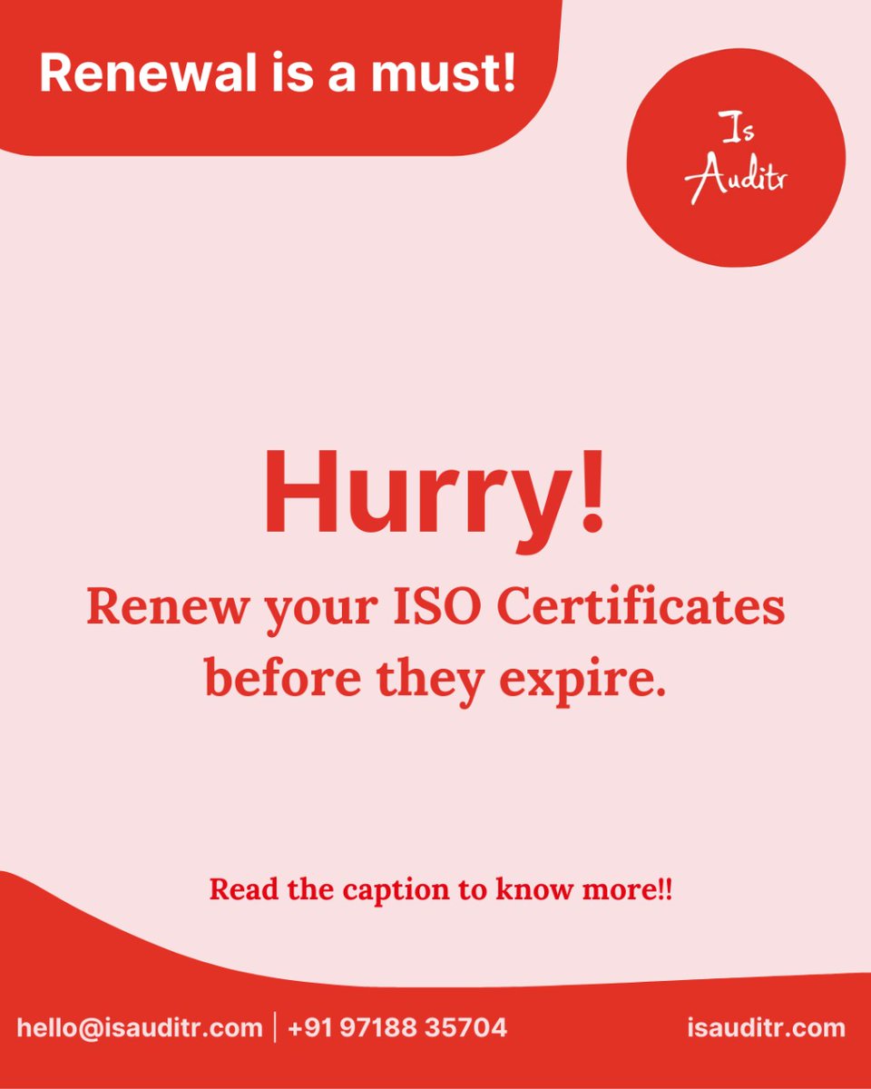 isauditr's tweet photo. The majority of ISO certifications are valid for 3 years. 👍
They lose their value after expiration.  👎
Check your certificate's expiry date and contact our team to renew it now! 🔖

📩: hello@isauditr.com 
📞: +91 97188 35704

#isauditr #isocertifications #iso #isocertified https://t.co/oMkORcOLbg