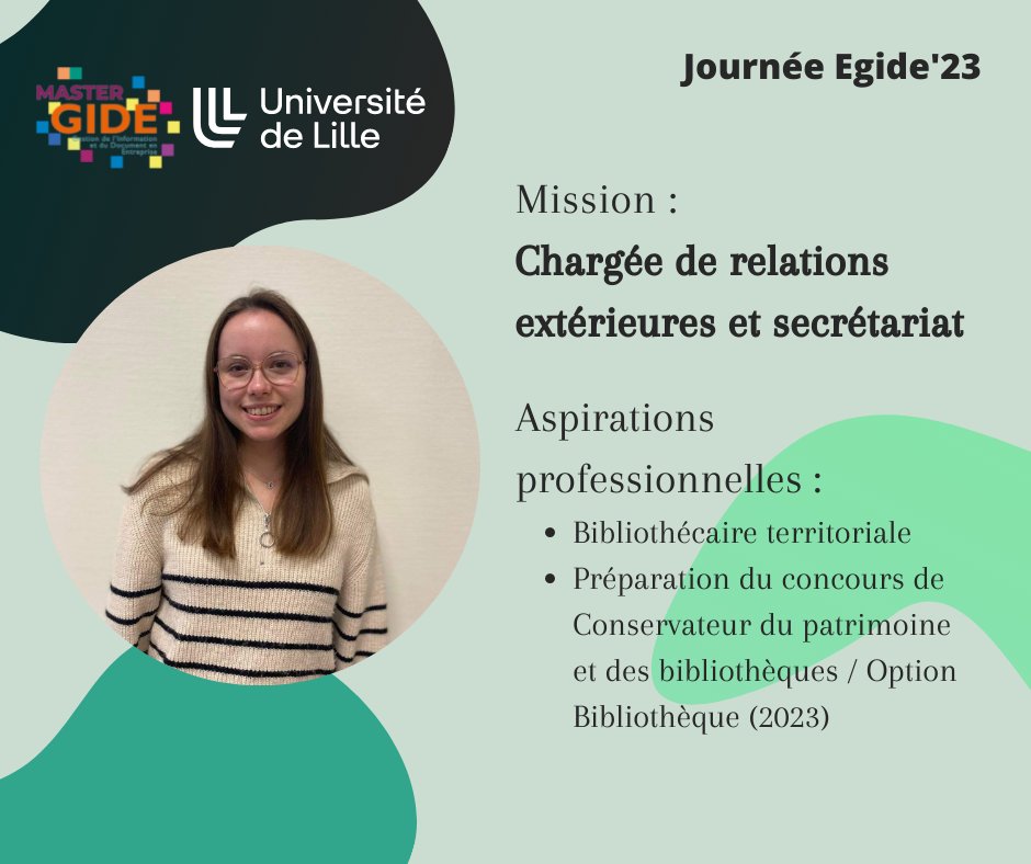 Journee_EGIDE's tweet photo. Aujourd'hui, nous vous présentons la cinquième membre de l'équipe #Egide23 ! Voici Margaux, chargée de relations extérieures et du secrétariat.
#MasterGIDE #UniversitédeLille https://t.co/yvJhSdLotA