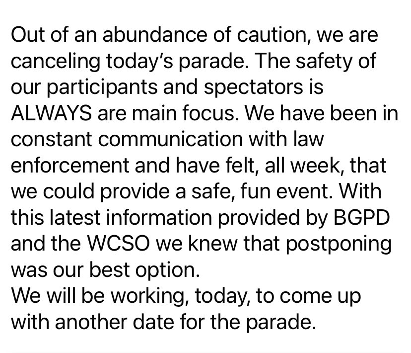 BGParade's tweet photo. The parade is cancelled for today. 
We will be working, today, to come up with another date for the parade.
If you’re looking for a parade today, check out Franklin’s parade this afternoon! https://t.co/aaJFE1FOR0