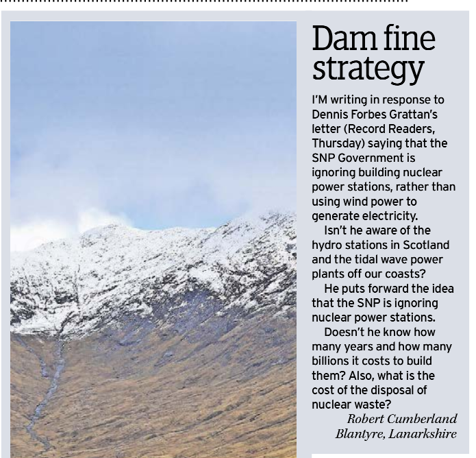 Hydro provides less than 1% of our needs. Tidal even less than that.

We need nuclear or we will end up sitting in the dark and cold.