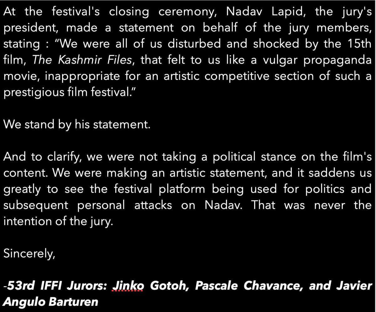 Sanginamby's tweet image. The #IFFIGoa2022 jury, excluding Sudipto Sen, standing strongly with #NadavLapid.  Rahul Kanwal and his ilk tried to make him to be an outlier and that he was denying KP issue. Egg on their face.