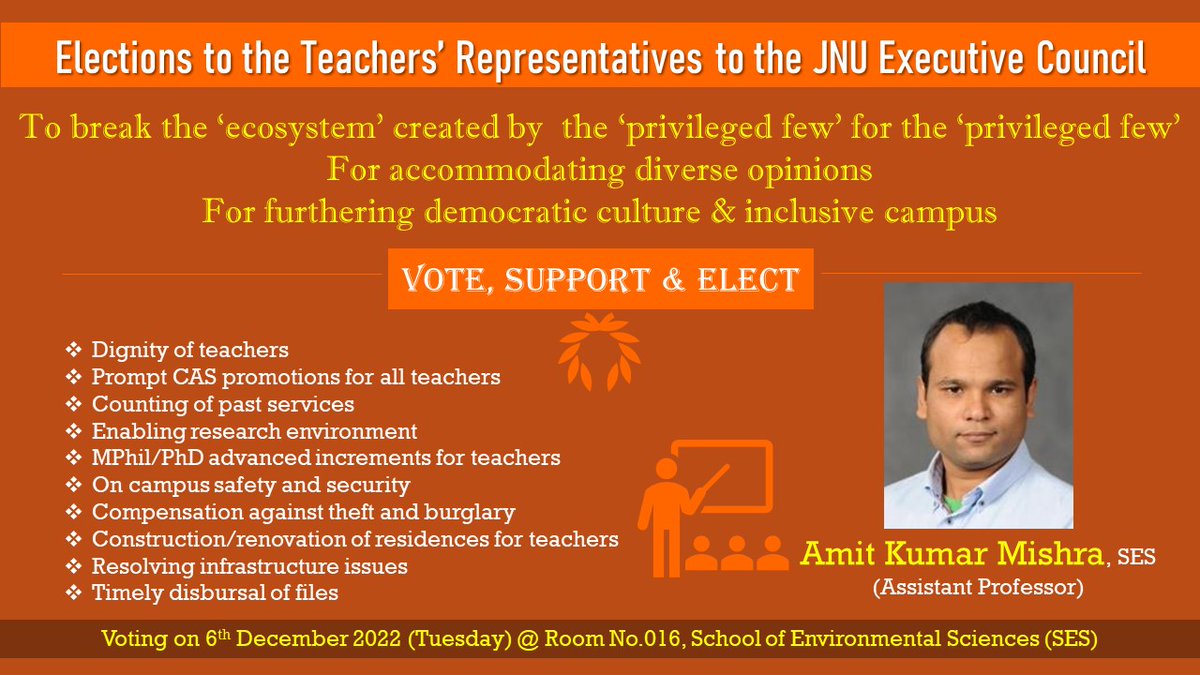 jnutf19's tweet image. To break the &apos;ecosystem&apos; of &apos;privileged few&apos; for the &apos;privileged few&apos;!
For furthering democratic culture &amp;amp; inclusive campus!
For accommodating diverse opinions!
Vote-Support-Elect: Amit Kumar Mishra (Assistant Professors&apos; category) to JNU EC
Voting: 06.12.2022 @ Room No.016, SES.