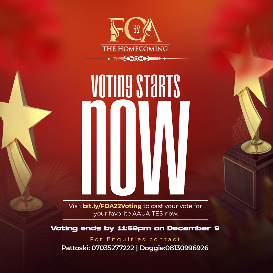 *FOA 2022 AWARDS🎖️🔥*
The Most Prestigious Award in AAUA is back and better!!!
*======================*
*VOTING HAS STARTED NOW, Check the link to vote for your favorite AAUAITE in their respective categories*

Voting ENDS by 11:59pm on December 9; Keep Voting☺️🎖️