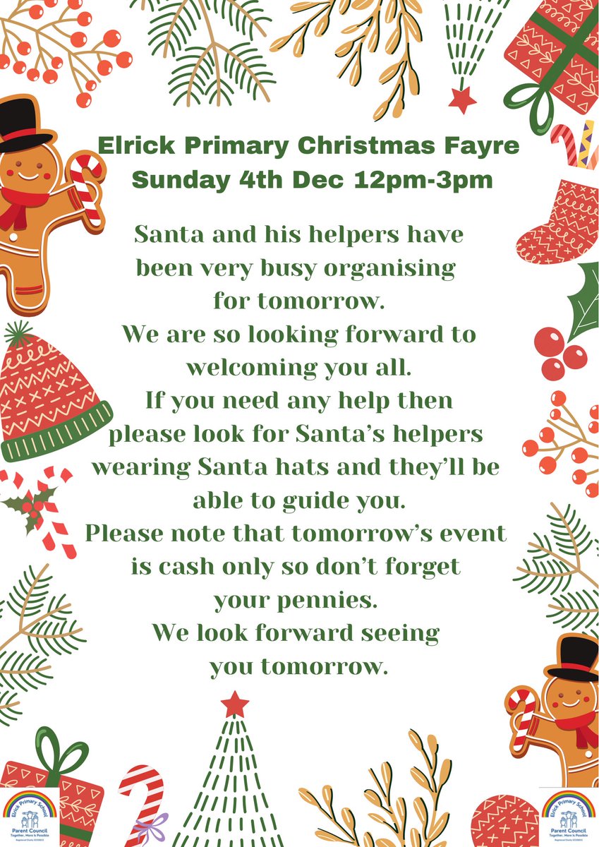 Important information about Christmas Fayre tomorrow.
#elrickparentcouncil
#elrickchristmas
#christmasfayre
#togethermoreispossible