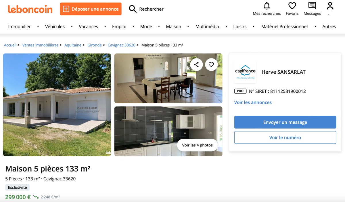 SansarlatC's tweet photo. https://t.co/Zd46oYrvY9
Bonjour la Team Capifrance, 😉
Voici la fiche d'une charmante maison de 5 pièces sur CAVIGNAC ! 😃
Pour plus de renseignements, je vous invite à me contacter.
Excellent Week-end ! 😃
https://t.co/knt0gYf08E
Hervé
#capifrance #maisonavendre #cavignac https://t.co/aqpWDGui7o