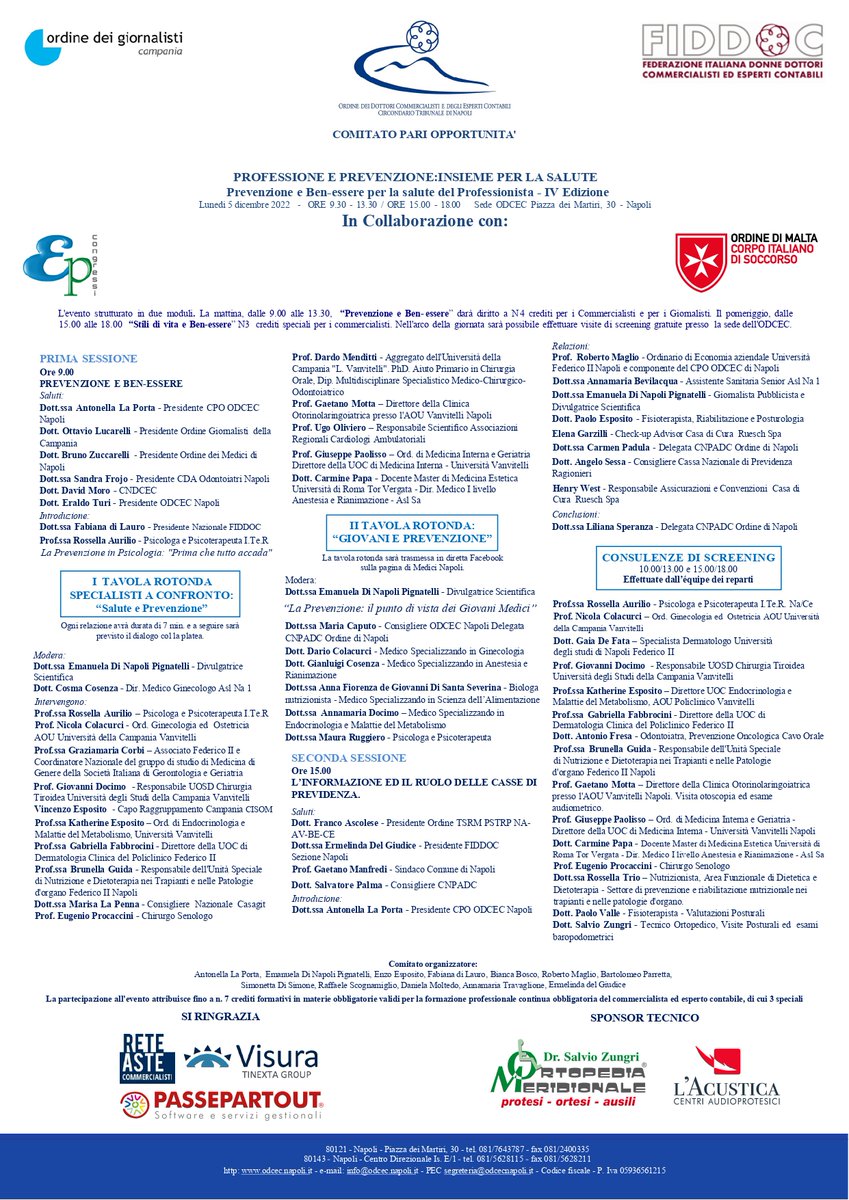 Appuntamento per lunedì 5 dicembre presso L'Ordine dei Dottori Commercialisti ed Esperti Contabili in Piazza Dei Martiri - Napoli.
𝐏𝐑𝐎𝐅𝐄𝐒𝐒𝐈𝐎𝐍𝐄 𝐄 𝐏𝐑𝐄𝐕𝐄𝐍𝐙𝐈𝐎𝐍𝐄: 𝐈𝐍𝐒𝐈𝐄𝐌𝐄 𝐏𝐄𝐑 𝐋𝐀 𝐒𝐀𝐋𝐔𝐓𝐄.