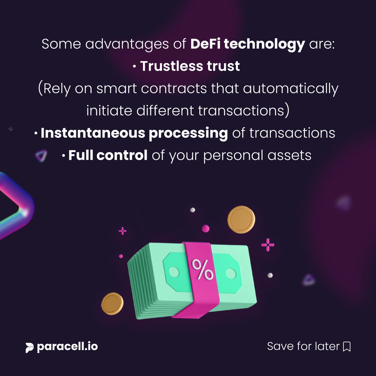 paracell_io's tweet photo. Are you aware of the term #DeFi? #DecentralisedFinance comes with so many advantages. This is what #crypto and #NFTs are based on! https://t.co/MraCDrs8tR