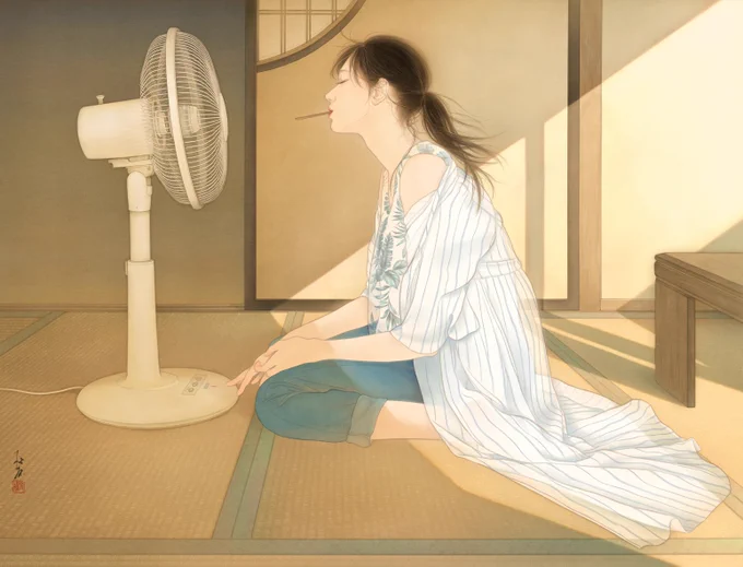 作品展の関係で最近は妖怪や天女(のような存在)を描くことが多かったのですが、普段は現代女性の日常を描くことが多いです。アイス食べたり猫ちゃんの毛をコロコロしたり。 