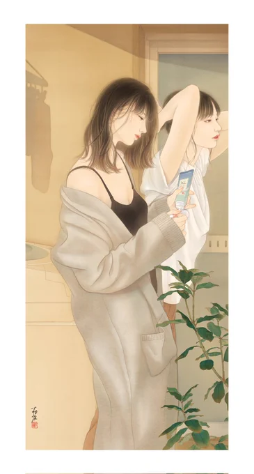 作品展の関係で最近は妖怪や天女(のような存在)を描くことが多かったのですが、普段は現代女性の日常を描くことが多いです。アイス食べたり猫ちゃんの毛をコロコロしたり。 