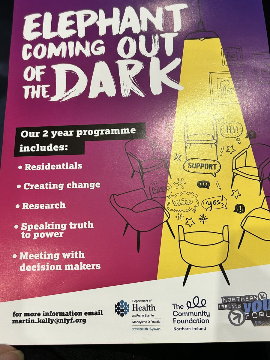 Delighted to be attending g @NIYF Elephant Coming Out of the Dark event today. Looking forward to day ahead and learning from each other. #youthled #MentalHealthMatters #MentalHealthAwareness #youngpeople #community #accessiblesupport #reducingstigma