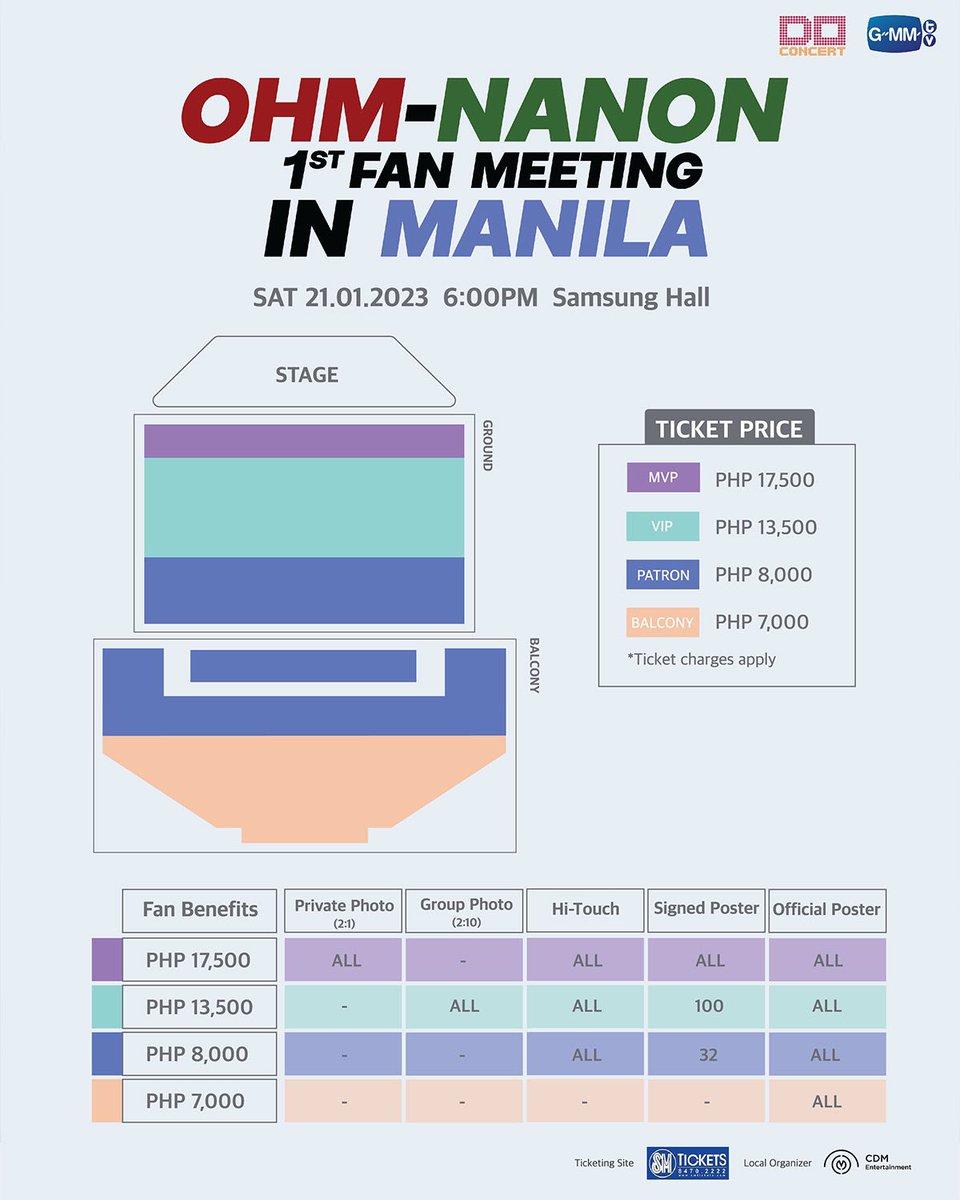 GMMTV's tweet image. Sa wakas, makikita niyo na sila na magkasama sa Pinas!💚❤️

OHM NANON 1st Fan Meeting in Manila ngayong ika-21 ng Enero 2023 sa Samsung Hall!
Maghanda na para bumili ng tiket simula 12/17/22 10AM sa SM Tickets.
Mga presyo: PHP17,500/13,500/8,000/7,000

Sinong pupunta? Kita kits!